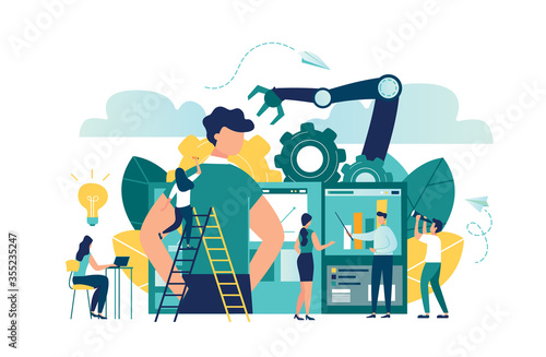 Vector illustration, a production line with workers, automation and user interface concept: user connecting with a tablet and sharing data with a cyber-physical system, Smart industry 4.0