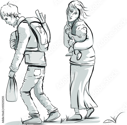 refugees family, sad drawing vector