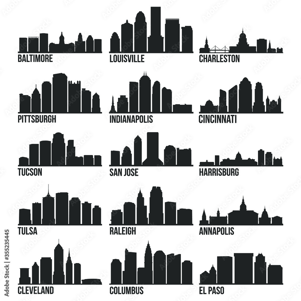 Most Famous Usa Cities Skyline City Silhouette Design Collection Set 3 