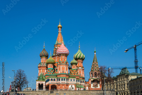St Basil`s Cathedral on Red Square in Moscow, Russia. St Basil`s temple is one of top tourist attractions of Moscow. Ancient architecture of Moscow.