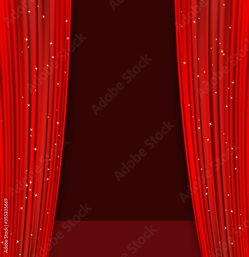 red theater curtains with glitter and dark stage. abstract background with opera red drapes and glittering stars. vector illustration