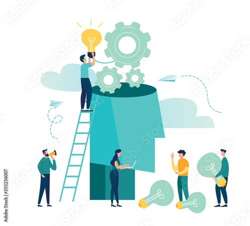 Vector creative illustration of business graphics, the company is engaged in joint search for ideas, abstract person's head, filled with ideas of thought and analytics, replacing old with new 