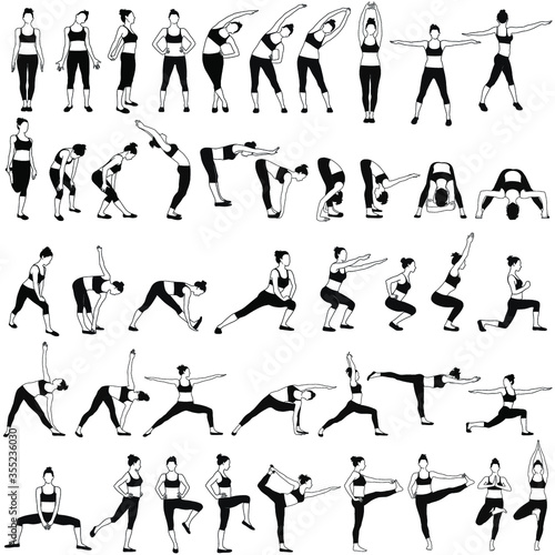 Set of vector sillhouettes of woman doing fitness work out and yoga stretching in standing poses. Fitness and yoga girl icons isolated on white background.