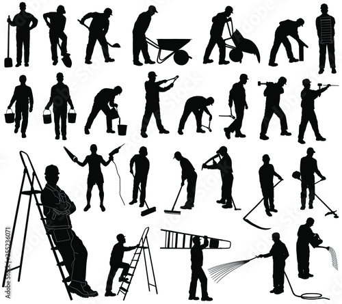 Set of vector silhouettes of men working and building. Icons of worker with many different tools and instuments.  Big collection of men profiles.