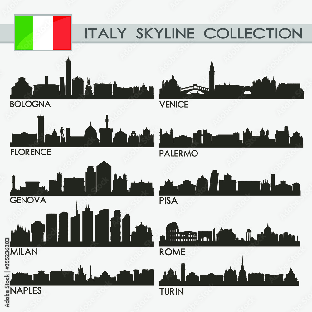 Most Famous Republic of Italy Cities Skyline City Silhouette Design Collection