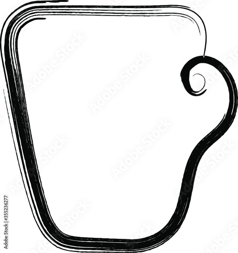 The cup is drawn in black outline, doodle style image. Beautiful design saver for a cafe, an icon for tea or coffee.