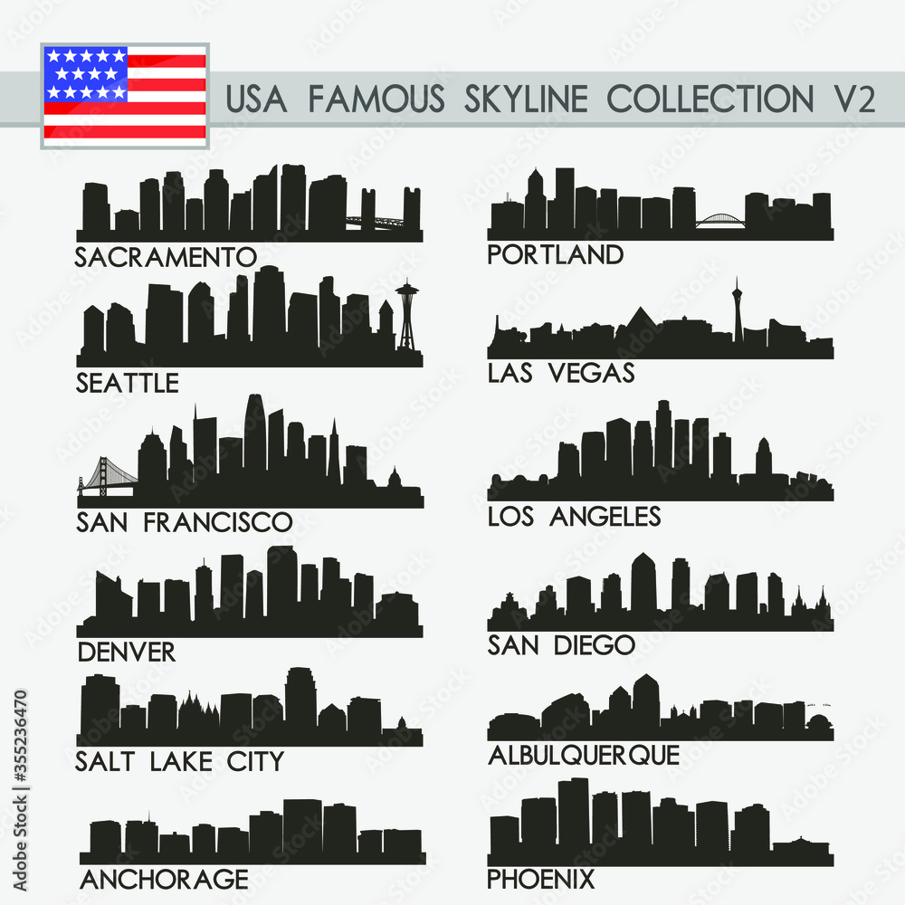 Most Famous USA Cities Skyline City Silhouette Design Collection Vol. 2
