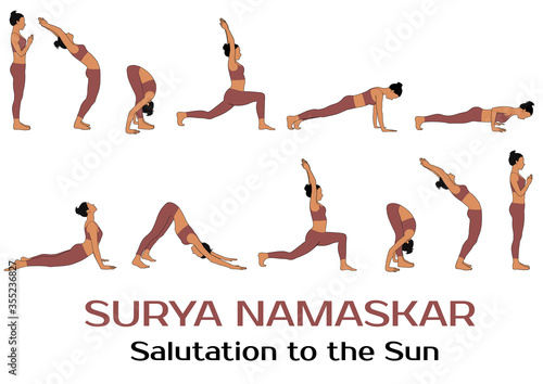 Yoga complex Salutation to the Sun. Colored illustration of woman practicing Surya Namaskar yoga set. Icons of yoga girl isolated on white background.