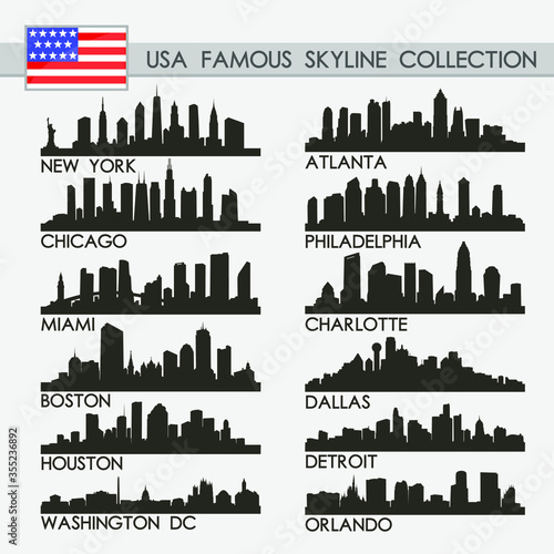Most Famous USA Cities Skyline City Silhouette Design Collection