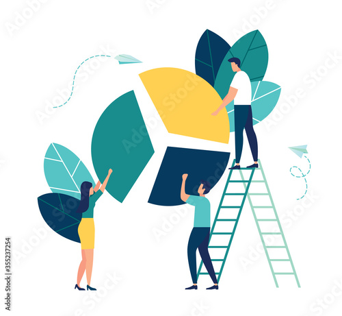 Vector illustration, Concept of financial management, Statistics and business report, little people as puzzles collect infographics
