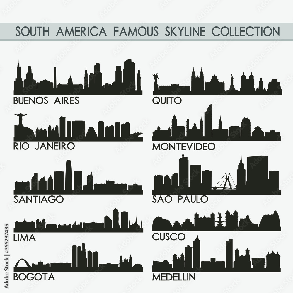 Most Famous South America Travel Skyline City Silhouette Design Collection