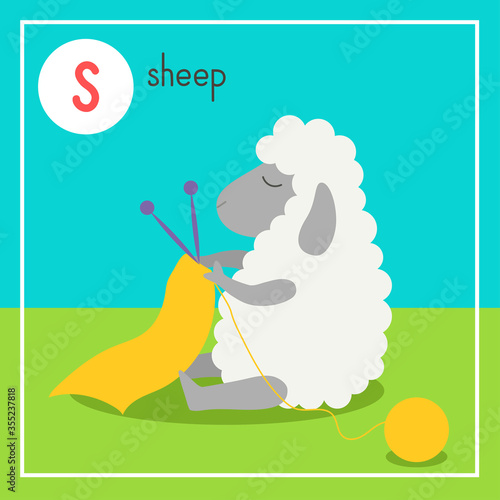 Cute animal alphabet for ABC book. Vector illustration of cartoon animals. Cute fluffy sheep in the meadow knits a scarf. Vector illustration