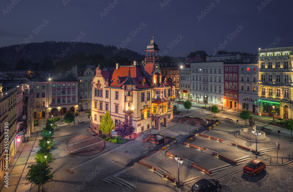 Nowa Ruda, Poland. Aerial view of Town Hall and Market Square (Rynek) at dusk