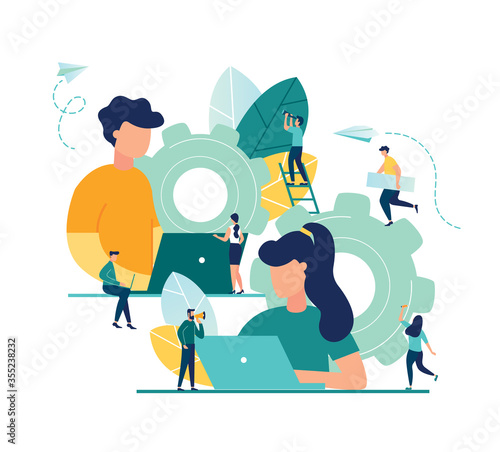 Business concept of vector illustration, little people links of mechanism, business mechanism, abstract background with gears, people are engaged in business promotion, strategy analysis, communicatio