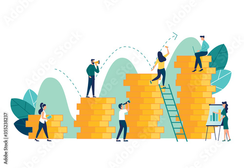 vector illustration, investment management, the company is engaged in the joint construction and the cultivation of cash profits, career growth to success, flat color icons, business analysis