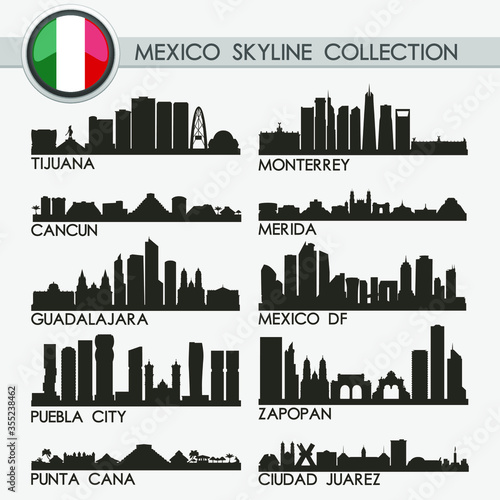 Most Famous Mexico Travel Skyline City Silhouette Design Collection Set