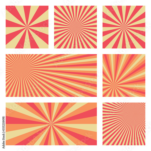 Amazing sunburst background collection. Abstract covers with radial rays. Stylish vector illustration.