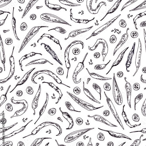 Hand drawn sketch style chili peppers. Vector seamless pattern for label, menu, print, postcard. 