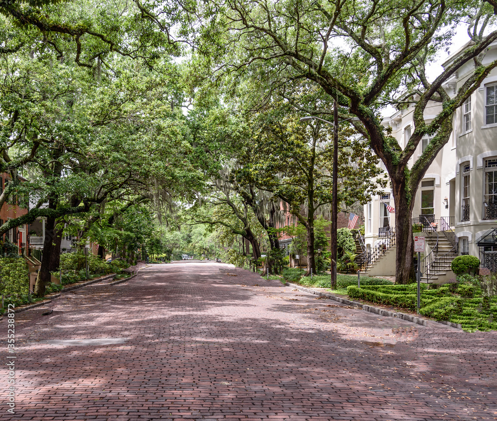 Very Shaded Residential Red Brick Paved Street with Southern Live Oak Trees and Spanish Moss in Savannah Georgia