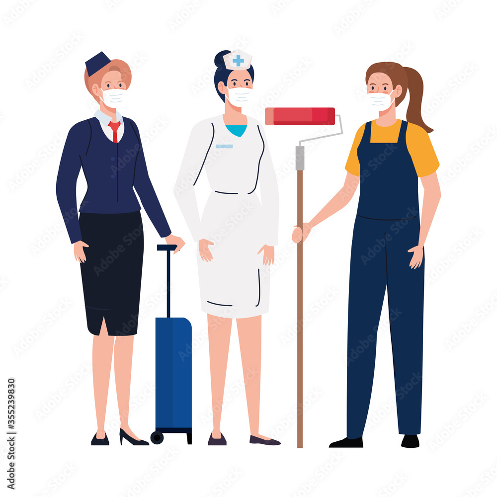 Female painter nurse and stewardess woman with masks vector design Female painter nurse and stewardess woman with masks vector design