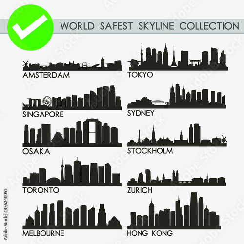 World Safest Cities Skyline Silhouette Icon Flat Vector Design Collection Set