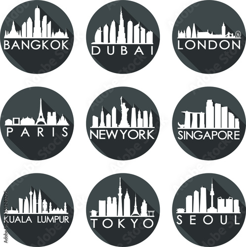 Touristic Cities Round Icon Flat Skyline Design Black Collection Set