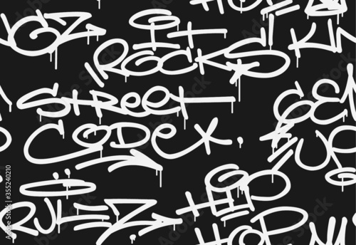 Graffiti tags seamless pattern. 'It rocks', 'Hip-Hop', 'Get Up', 'Street Code', 'Rules', 'Kings'. Hand lettering typography. White letters and black background.