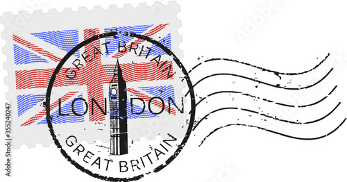 Postal stamp symbols 'London - Great Britain' with the 'Big Ben' tower and Union Jack - British flag (engraved, woodcut effect).