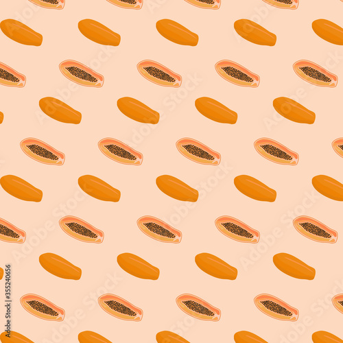 Seamless pattern of tropical fruit papaya. Exotic food pawpaw half cutted and whole. Orange background. Flat vector illustration of asian vegetables. 