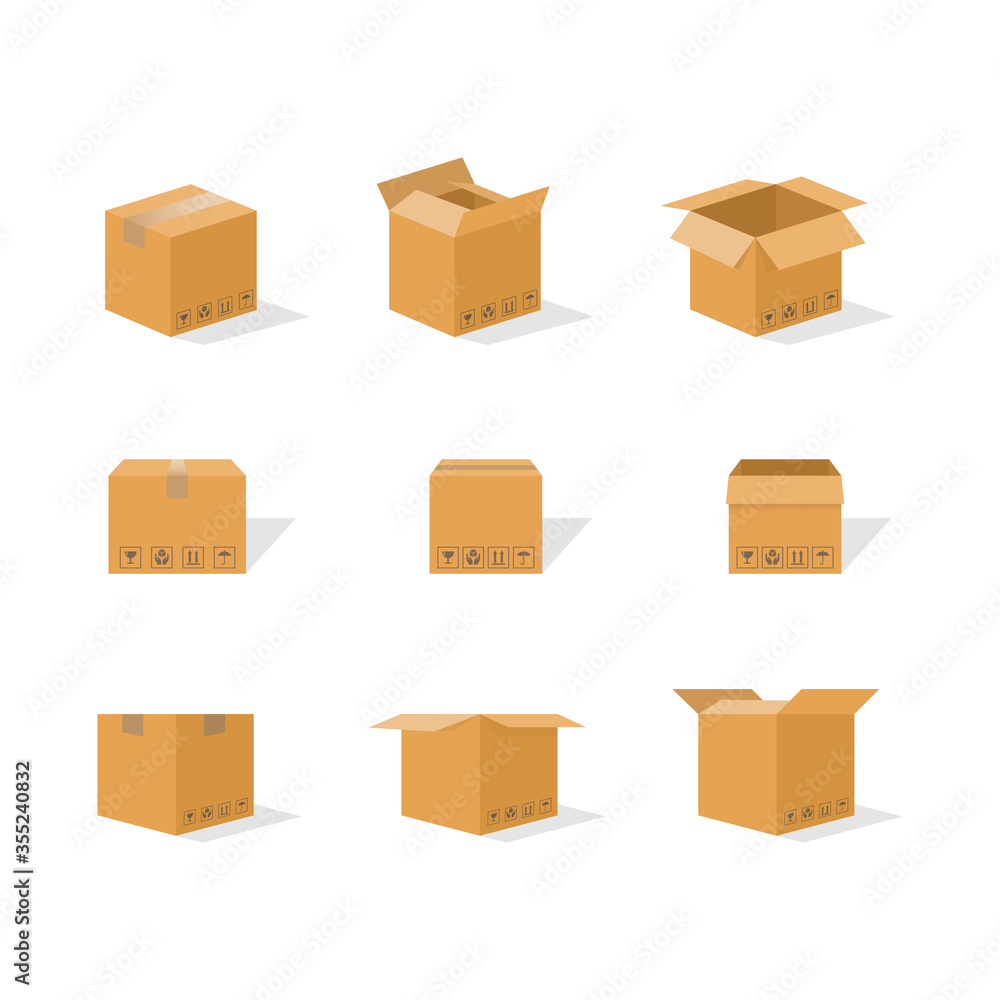 Fototapeta premium set icons Carton delivery packaging open and closed box with fragile signs. Cardboard box mockup set isolated on white background. Vector EPS 10