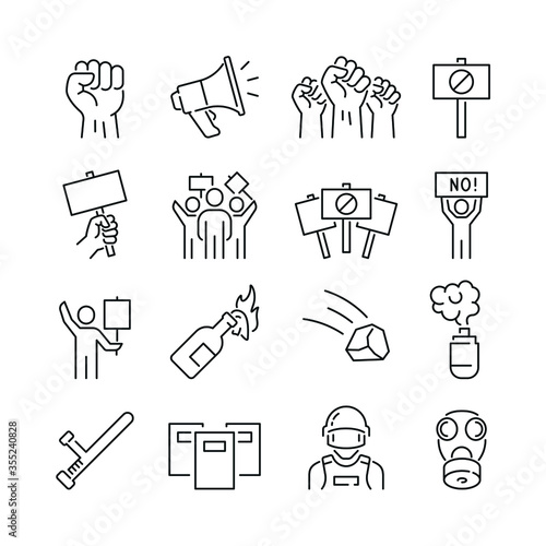 Protest related icons: thin vector icon set, black and white kit