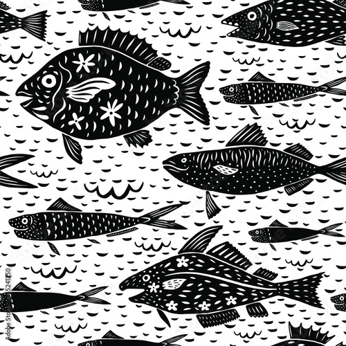 Red Snapper in modern cartoon folk style seamless pattern. Isolated sardines, fish silhouettes on white background, vector illustration for restaurant menu, marine decor.