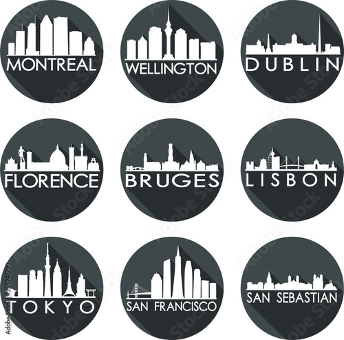 Romantic Set 1 Skyline Silhouette Icon Flat Vector Design Collection Round
