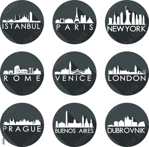 Romantic Set 3 Skyline Silhouette Icon Flat Vector Design Collection Round