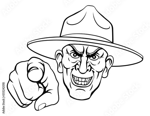 An army bootcamp drill sergeant soldier looking mean and pointing at the viewer