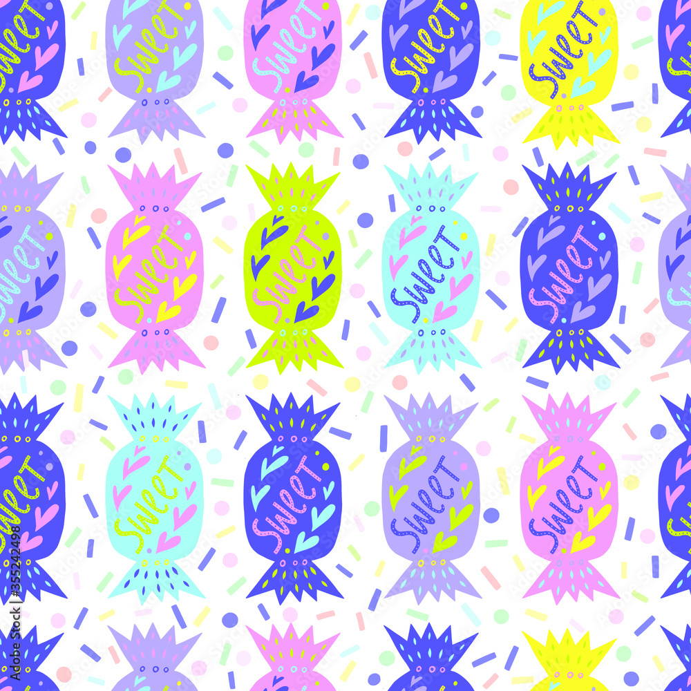 Candy silhouettes seamless pattern. Hand drawn vector illustration of sweet treats isolated on white background in modern cut out linocut style. Repeating design for baby apparel textile, party paper. Candy silhouettes seamless pattern. Hand drawn vector illustration of sweet treats isolated on white background in modern cut out linocut style. Repeating design for baby apparel textile, party paper.