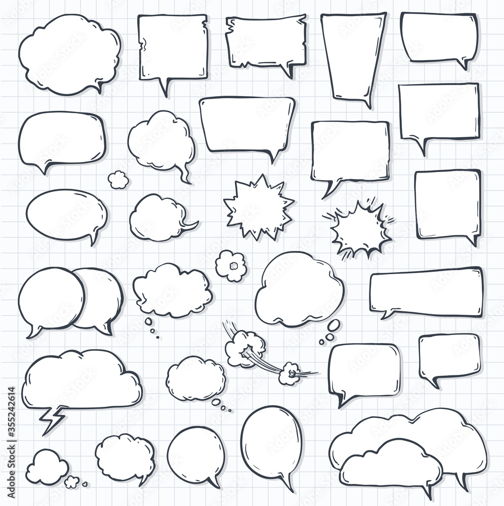 set of speech bubbles on notepad sheet paper with shadow. doodle or cartoon, sketch drawing call-outs set, communication design elements set of speech bubbles on notepad sheet paper with shadow. doodle or cartoon, sketch drawing call-outs set, communication design elements