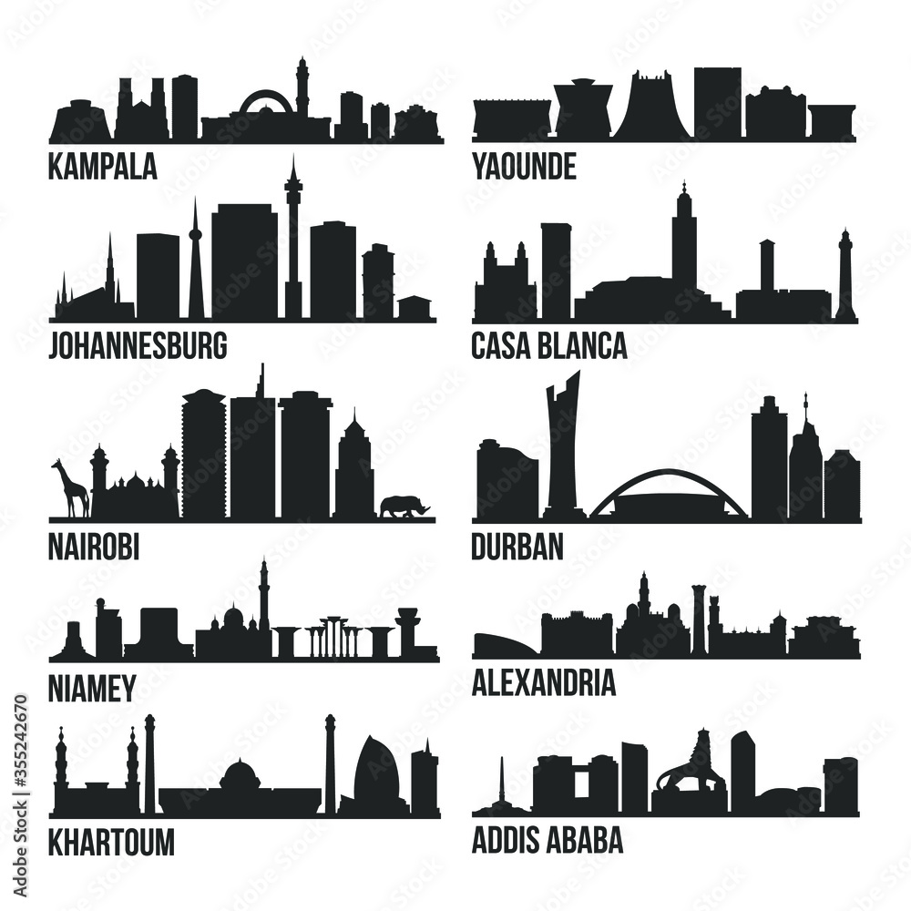 Fototapeta premium Africa Cities Most Famous Skyline City Silhouette Design Collection Set Pack