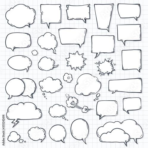 set of speech bubbles on notepad sheet paper with shadow. doodle or cartoon, sketch drawing call-outs set, communication design elements