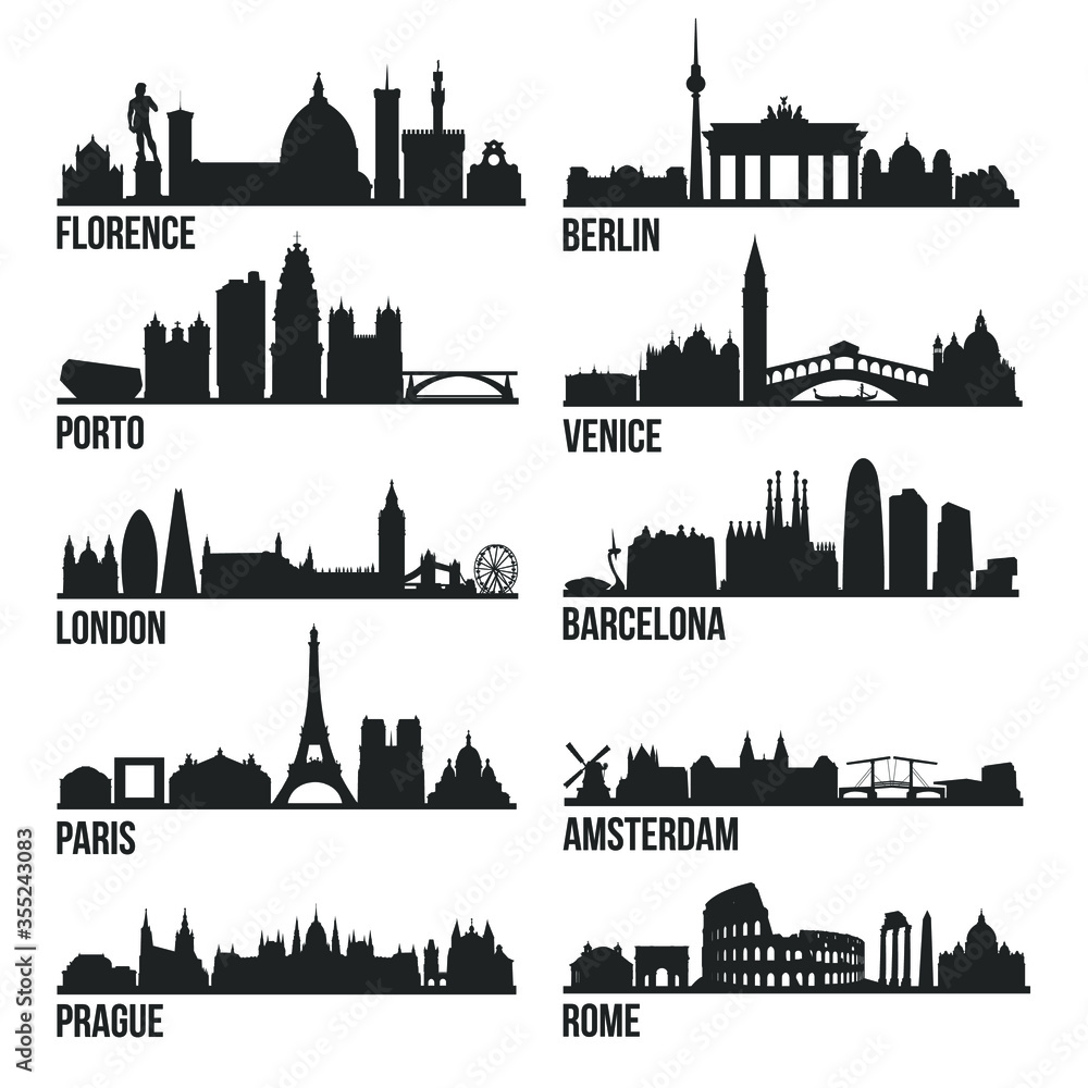Europe Cities Most Famous Skyline City Silhouette Design Collection Set Pack