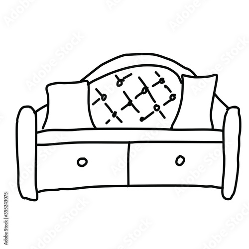 Single daybed with two drawers and pillows. Drawing in the Doodle style. Isolated on a white background. Vector illustration in lines. Comfortable and stylish daybed.  For design, decoration, web, col
