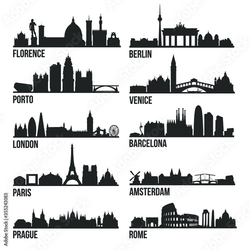 Europe Cities Most Famous Skyline City Silhouette Design Collection Set Pack