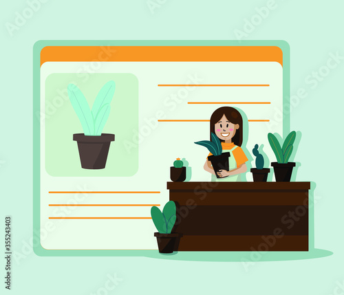 Online shopping. Small business support. Flower shop. Concept art florist. Vector illustration