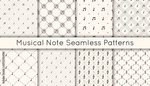 Set of 8 vector seamless retro pattern with different musical note icons, treble clef and polka dot. Various musical symbols background. Repeatable texture for prints, wrapping paper, textile
