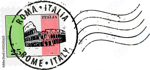  Postal stamp symbols 'Rome-Italy' with the Colosseum. Italian flag (engraved, woodcut effect).