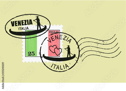 Postal stamp symbols 'Venice - Italy'. Man rowing gondola (boat). Italian inscription and flag (engraved, woodcut effect).