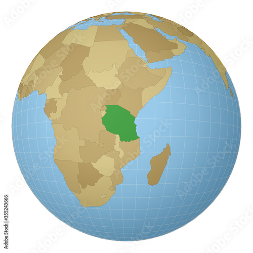 Globe centered to Tanzania. Country highlighted with green color on world map. Satellite projection view. Vector illustration.