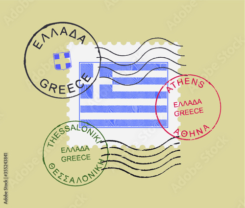 Postal stamp symbols ''Greece- Thessaloniki- Athens''. English and greek inscription. Engraved (woodcut) and grunge effect.