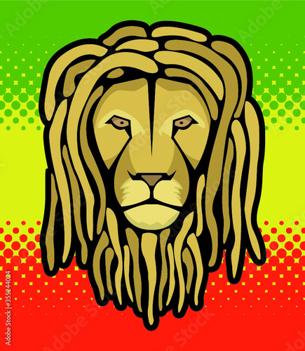 Lion's head with dreadlocks and reggae halftone flag background...for t-shirts, posters...