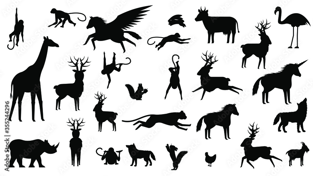 Set Black Animal Silhouette Vector Collection Design Elements Fauna Vector